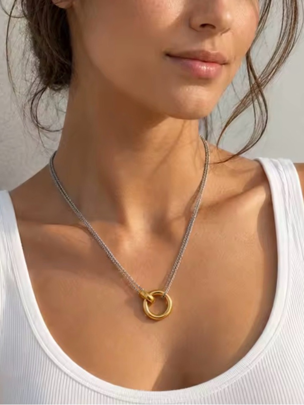Two Tone Ring Pendant Necklace 316L Stainless Steel Gold Silver Minimalist Style